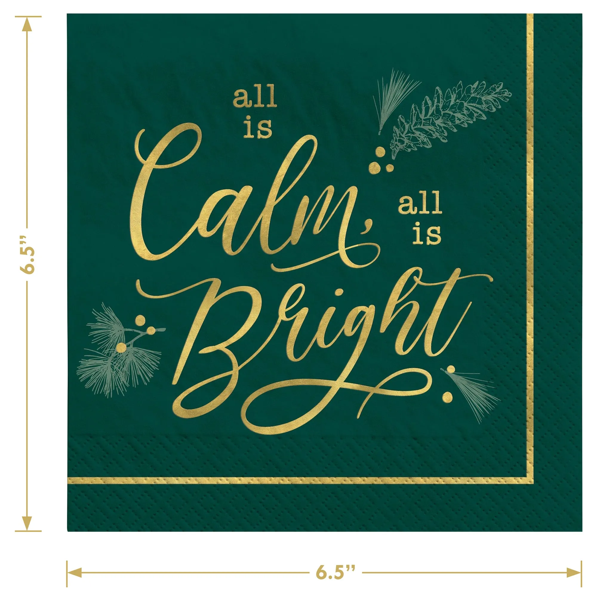 Christmas Party Calm & Bright Large Paper Dinner Plates and Lunch Napkins in Modern Green & Gold (Serves 16)