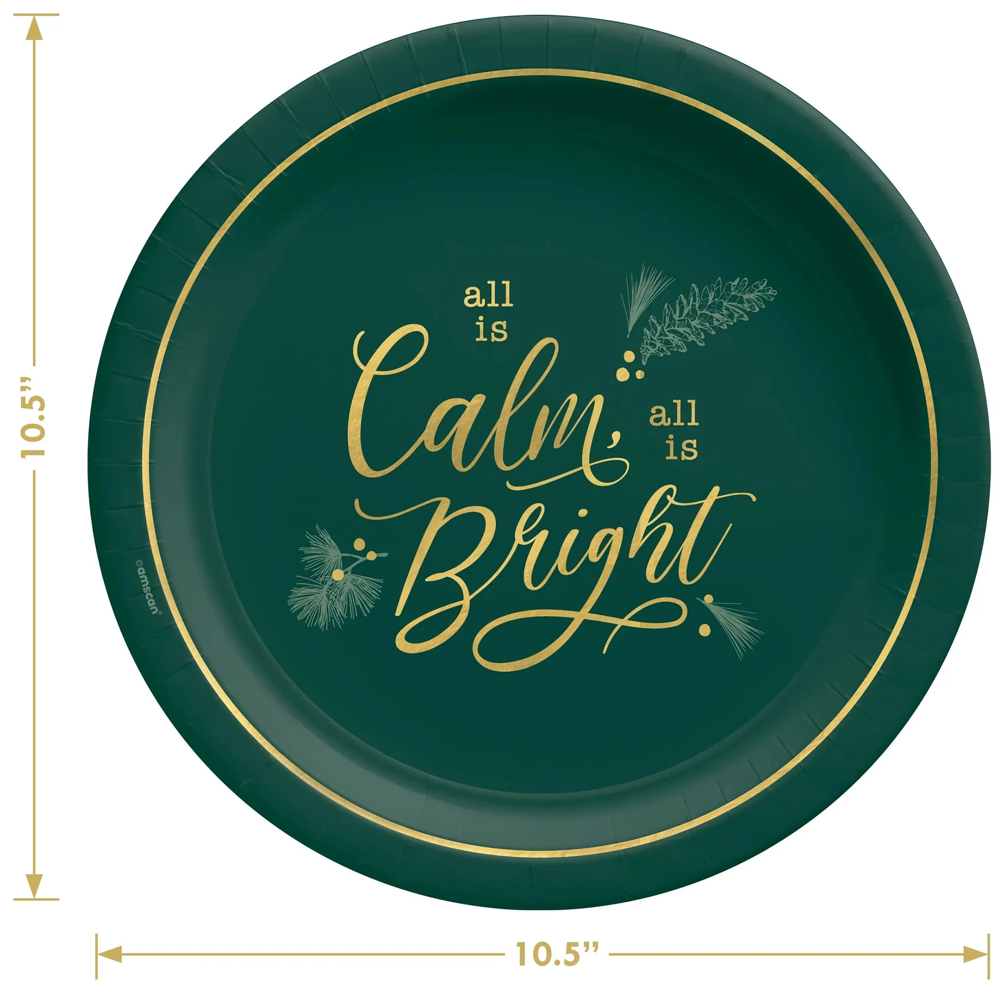 Christmas Party Calm & Bright Large Paper Dinner Plates and Lunch Napkins in Modern Green & Gold (Serves 16)