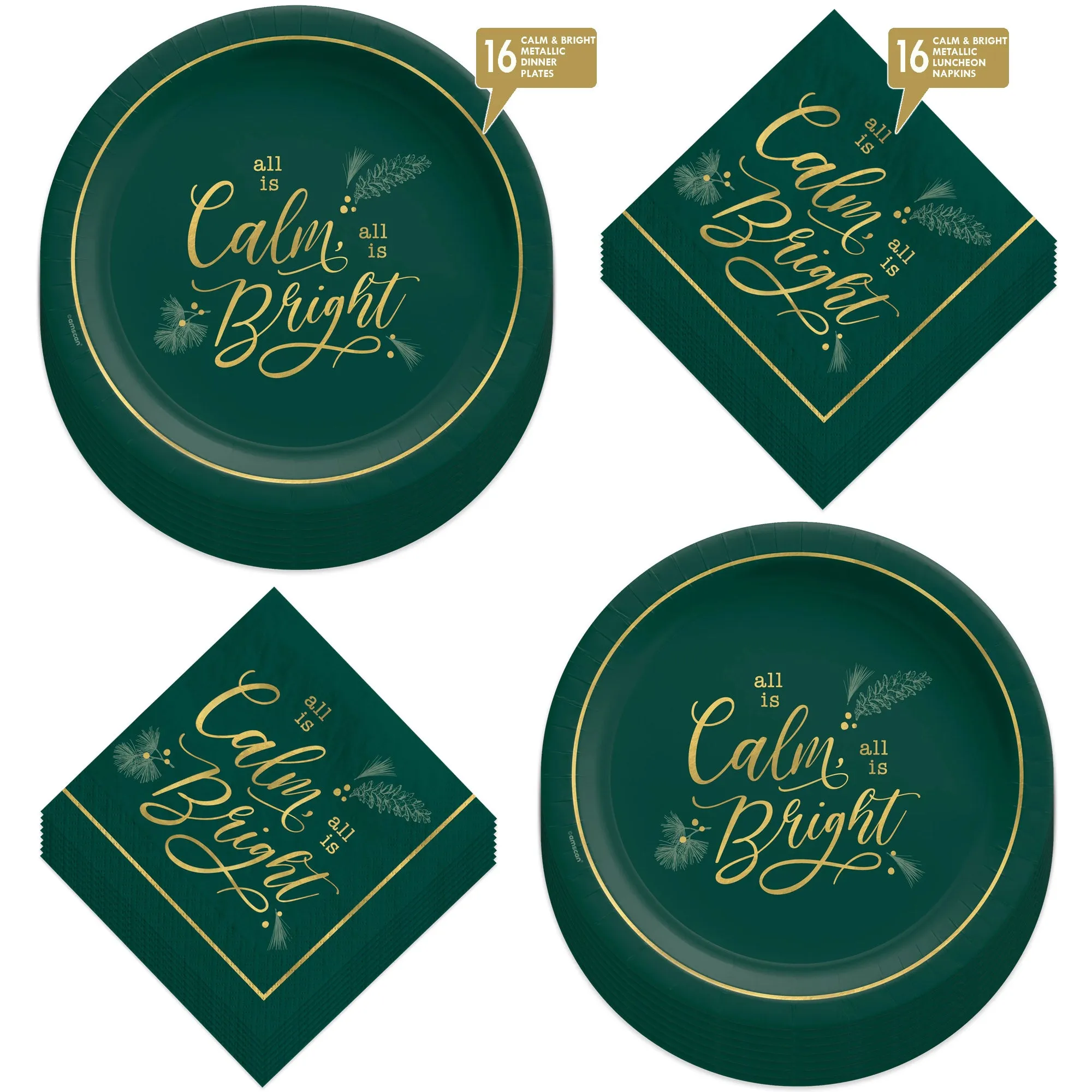 Christmas Party Calm & Bright Large Paper Dinner Plates and Lunch Napkins in Modern Green & Gold (Serves 16)