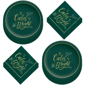 Christmas Party Calm & Bright Large Paper Dinner Plates and Lunch Napkins in Modern Green & Gold (Serves 16)