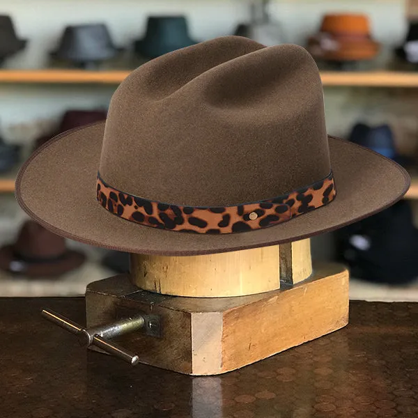 Classic Brown Felt Fedora with Chic Leopard Print Ribbon