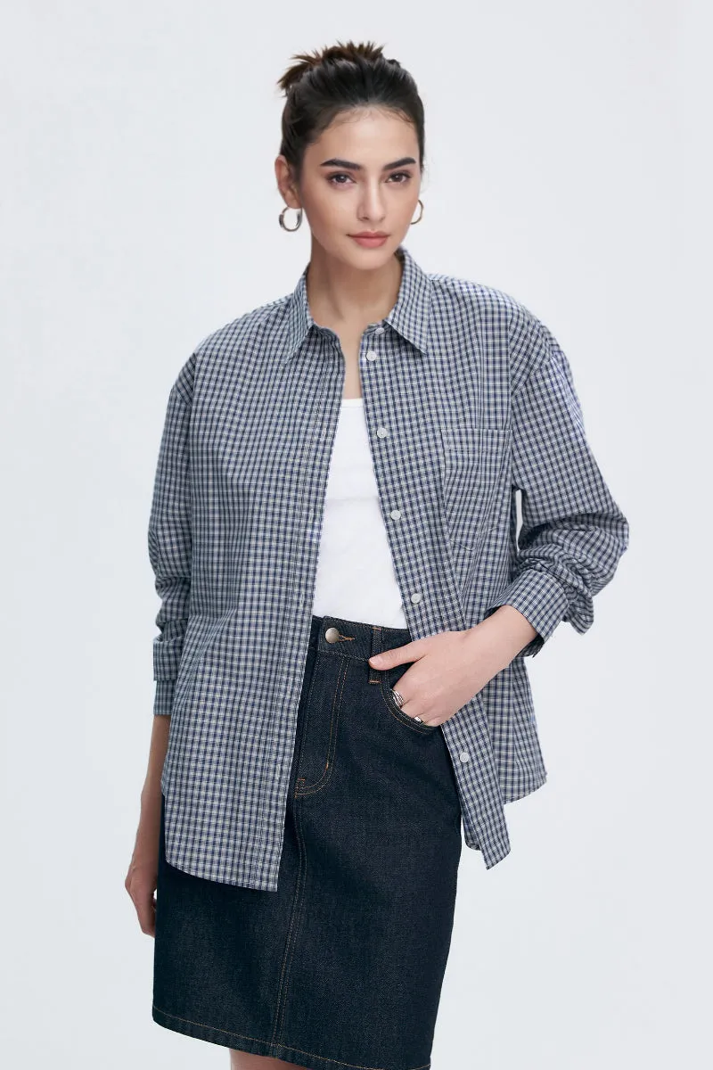 Classic Cotton Blue-White Checkered Long Sleeve Button-up Shirt