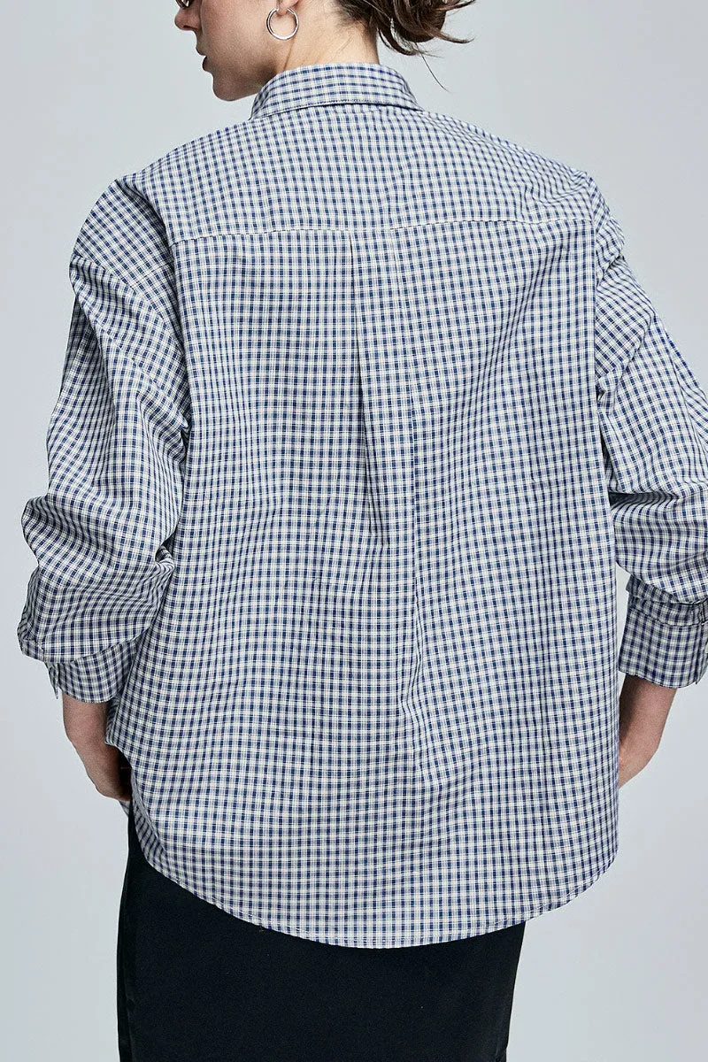 Classic Cotton Blue-White Checkered Long Sleeve Button-up Shirt