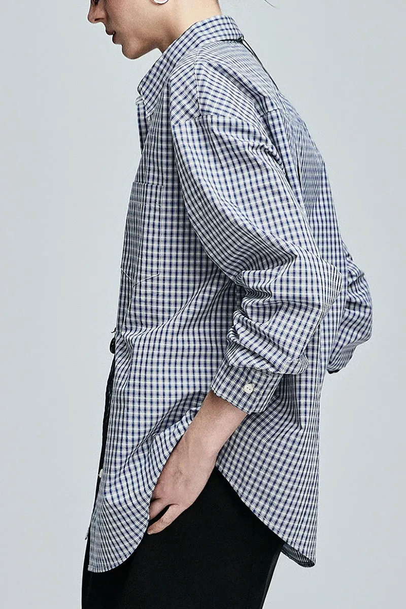 Classic Cotton Blue-White Checkered Long Sleeve Button-up Shirt