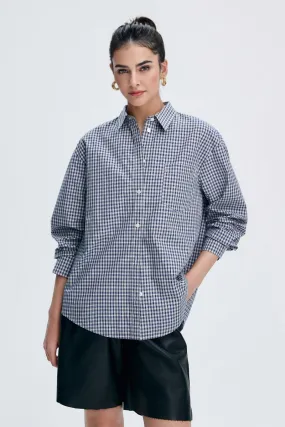 Classic Cotton Blue-White Checkered Long Sleeve Button-up Shirt