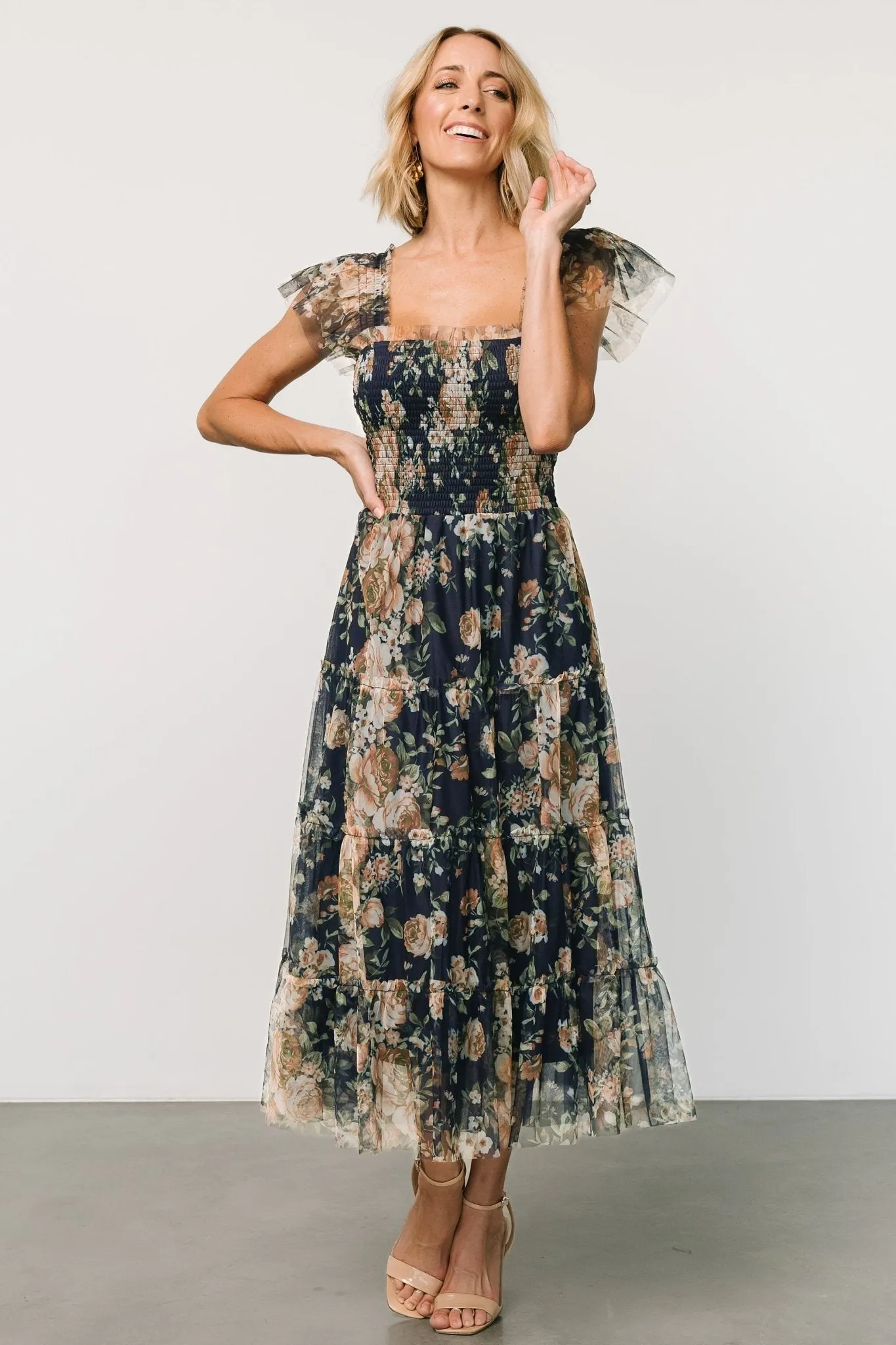 Clementine Tulle Midi Dress | Blue   Golden Floral