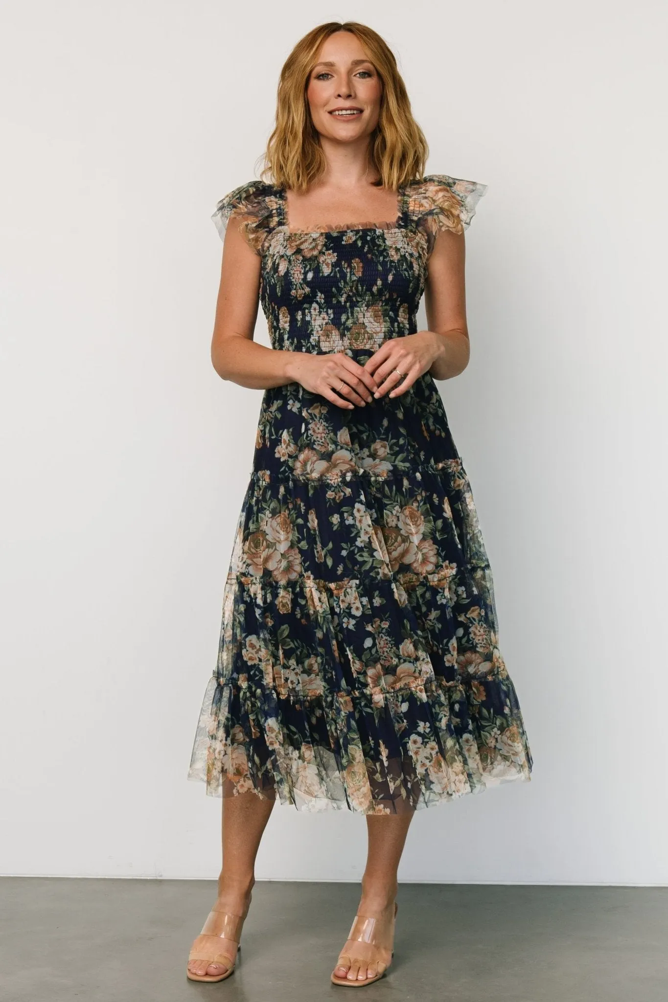 Clementine Tulle Midi Dress | Blue   Golden Floral