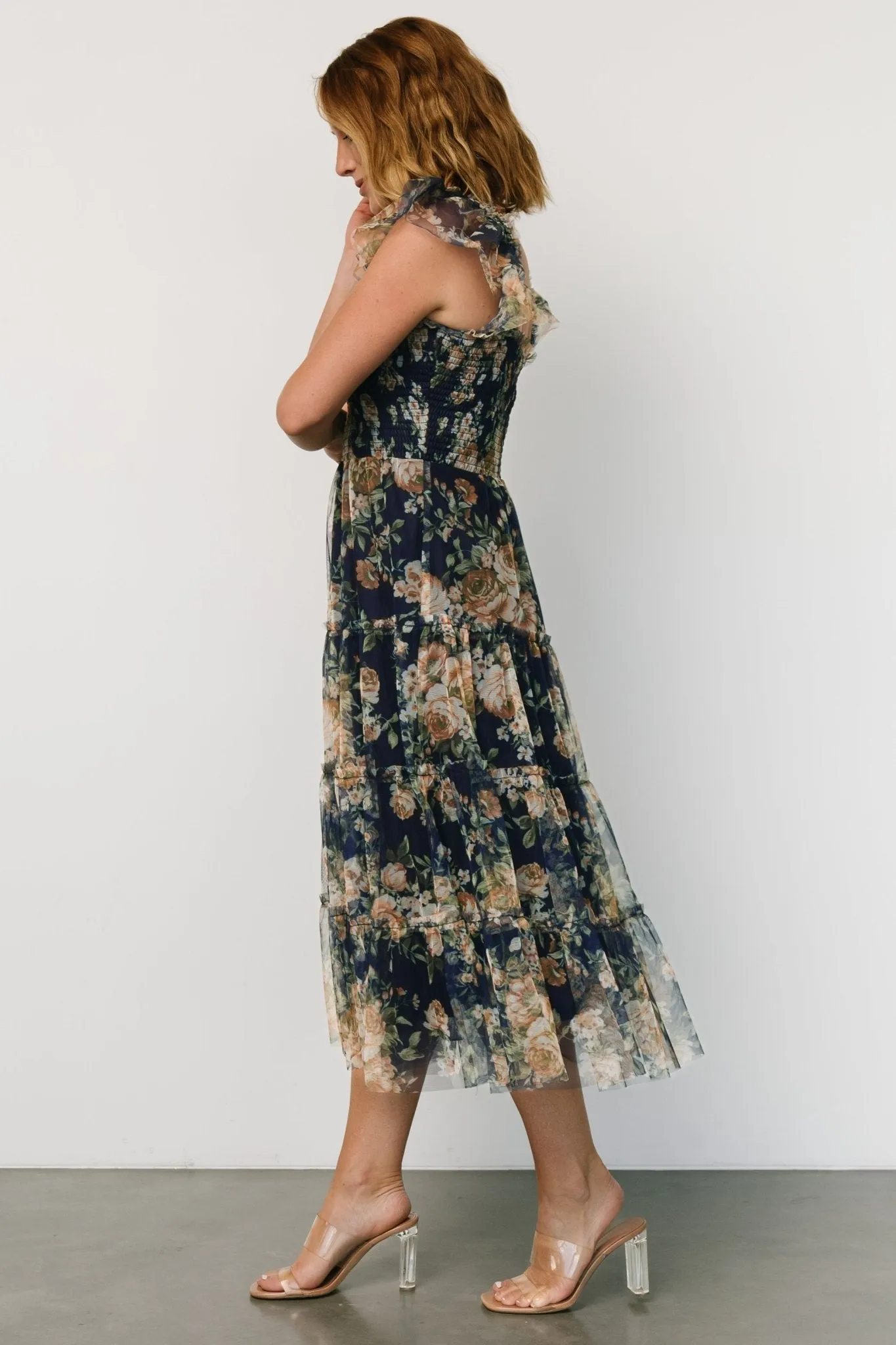 Clementine Tulle Midi Dress | Blue   Golden Floral