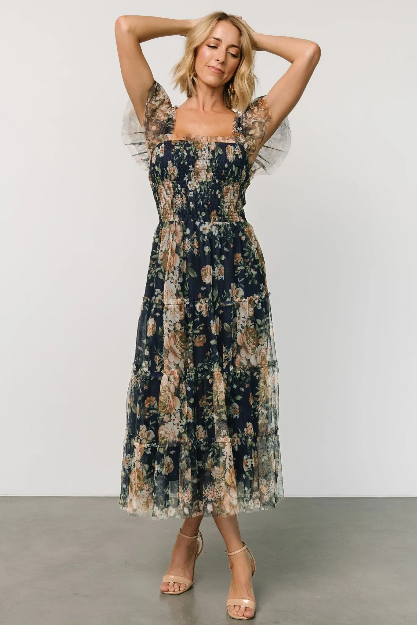 Clementine Tulle Midi Dress | Blue   Golden Floral