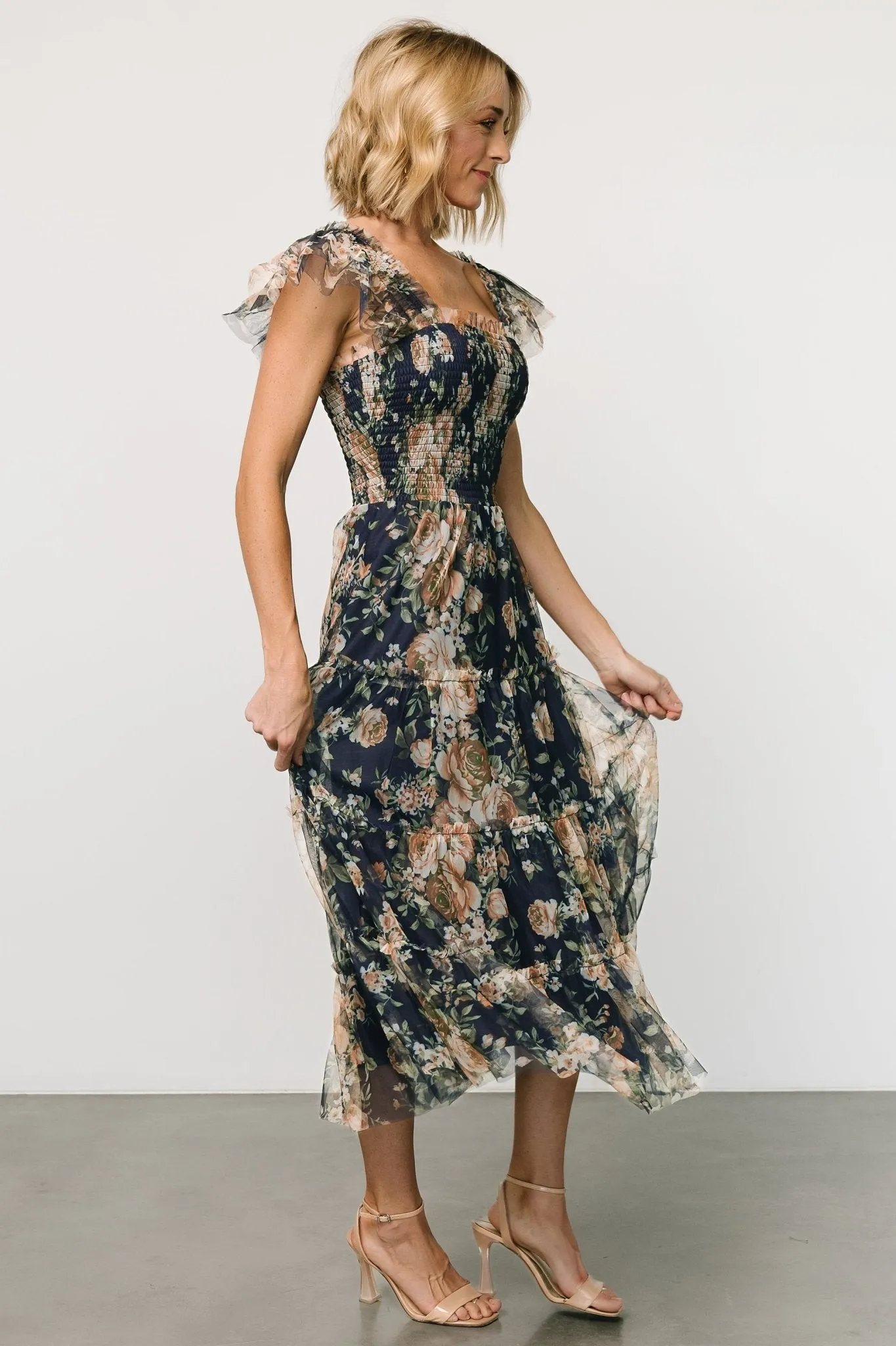 Clementine Tulle Midi Dress | Blue   Golden Floral