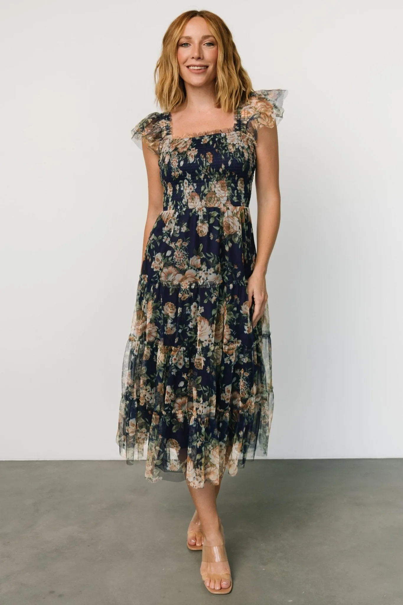 Clementine Tulle Midi Dress | Blue   Golden Floral