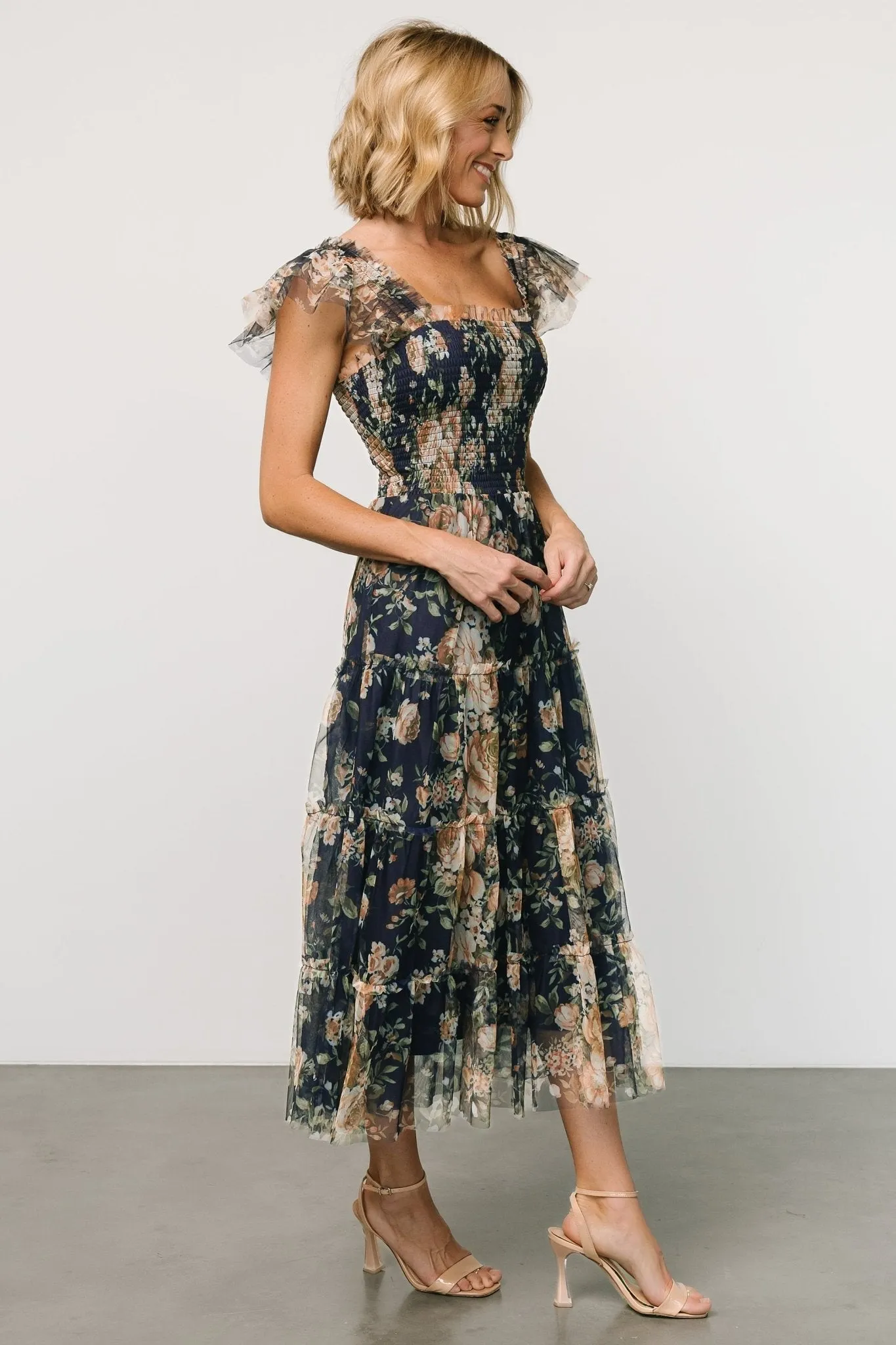 Clementine Tulle Midi Dress | Blue   Golden Floral