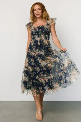 Clementine Tulle Midi Dress | Blue   Golden Floral