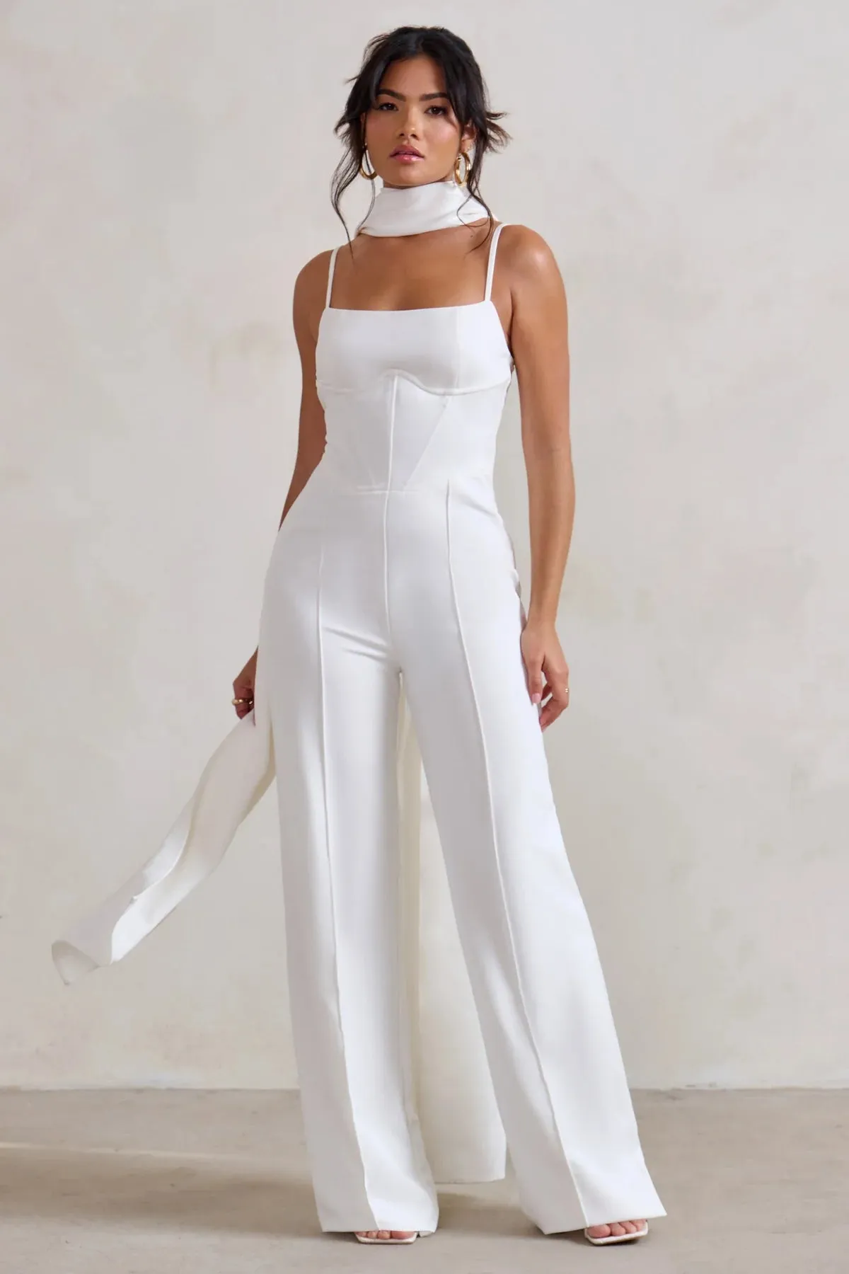 Club L London Winnie White Corset Jumpsuit With Statement Drape