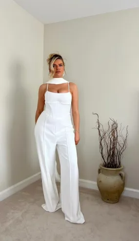 Club L London Winnie White Corset Jumpsuit With Statement Drape