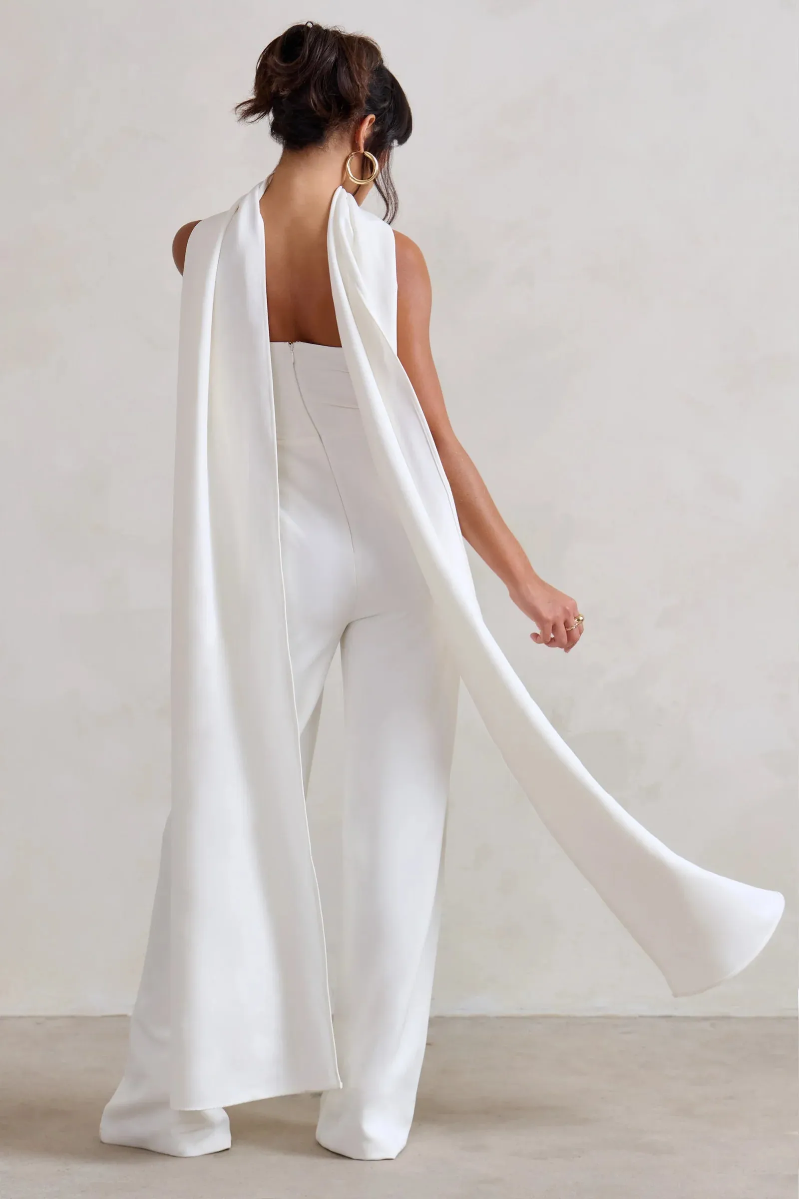 Club L London Winnie White Corset Jumpsuit With Statement Drape