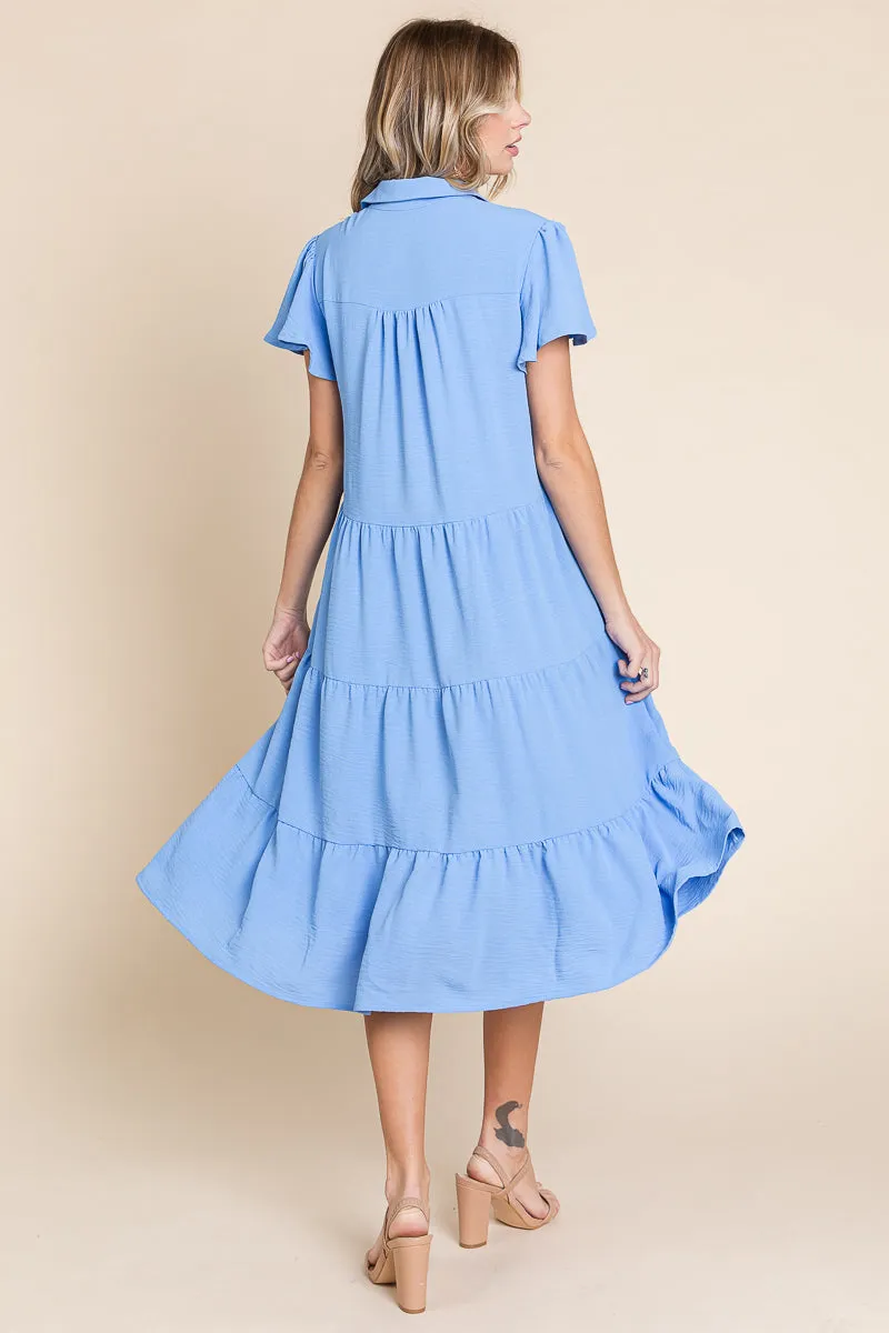 Collared V Neck Tiered Babydoll Midi Dress