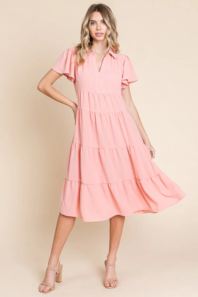 Collared V Neck Tiered Babydoll Midi Dress