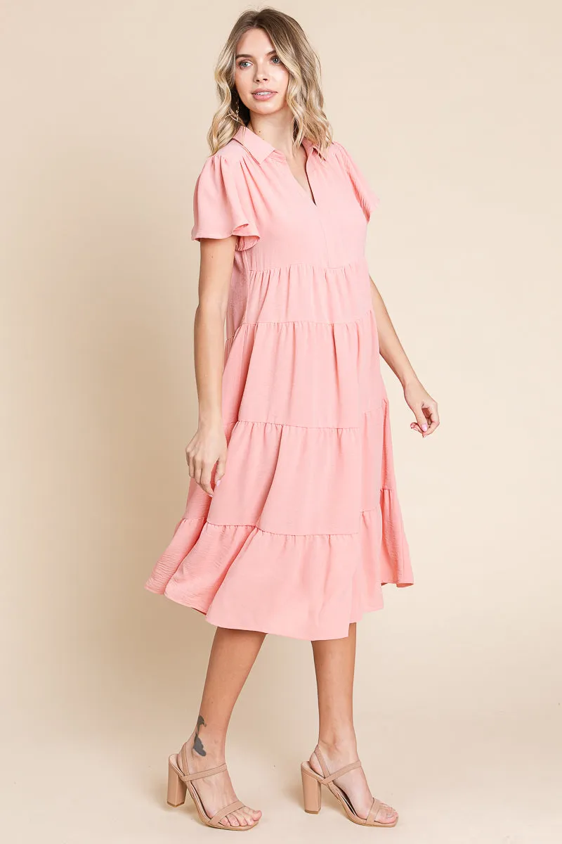 Collared V Neck Tiered Babydoll Midi Dress