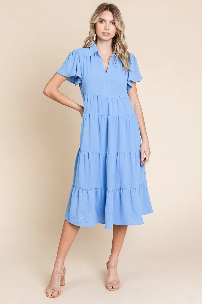 Collared V Neck Tiered Babydoll Midi Dress