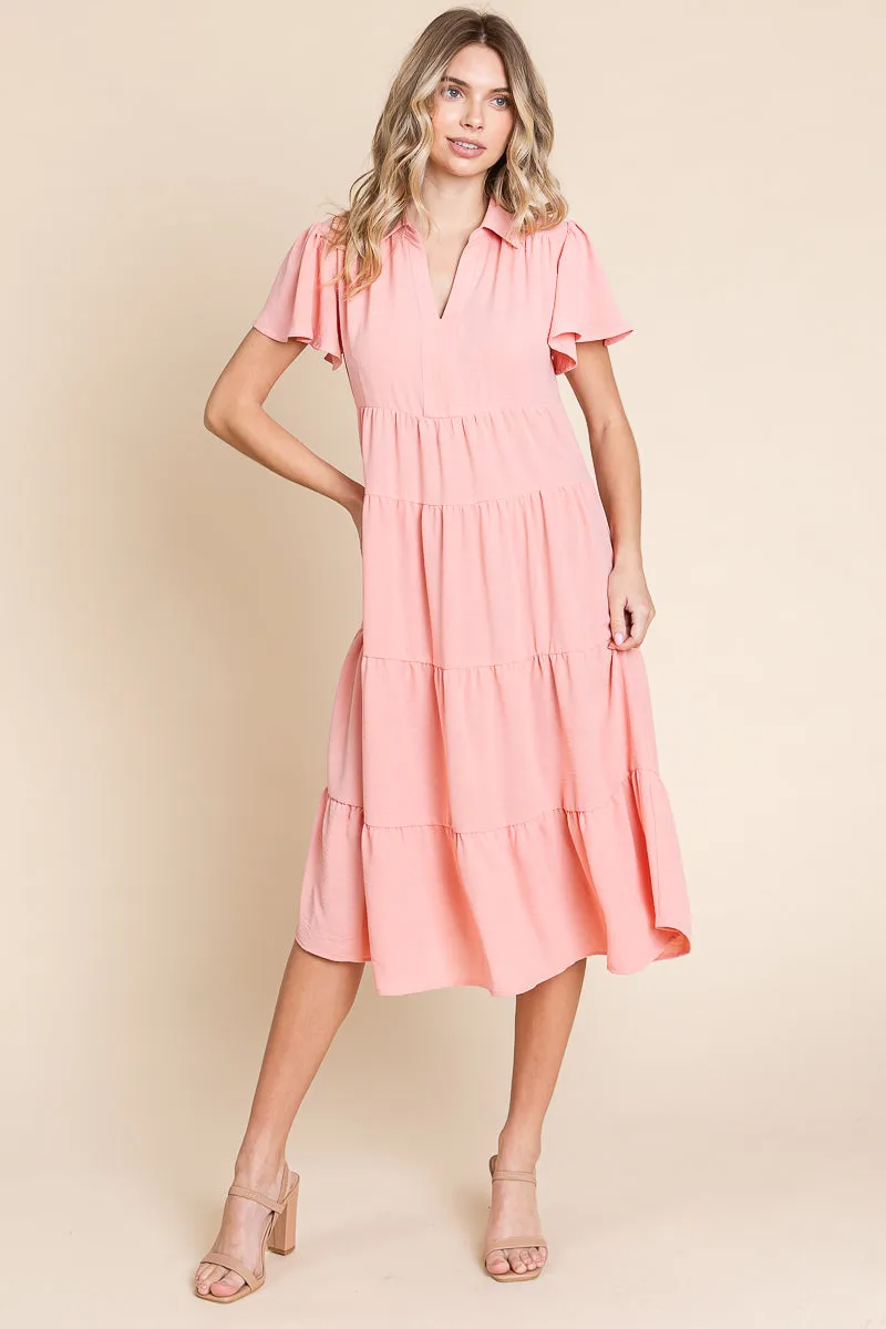 Collared V Neck Tiered Babydoll Midi Dress