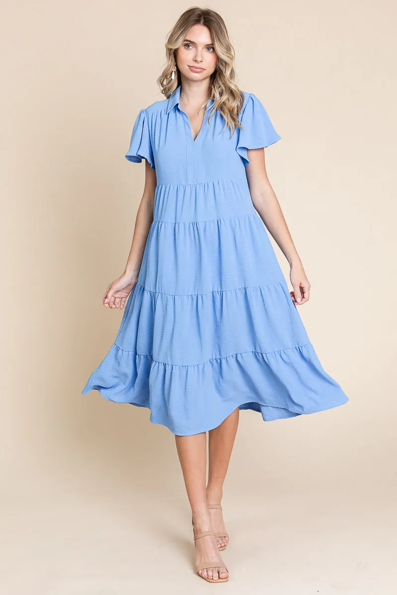 Collared V Neck Tiered Babydoll Midi Dress