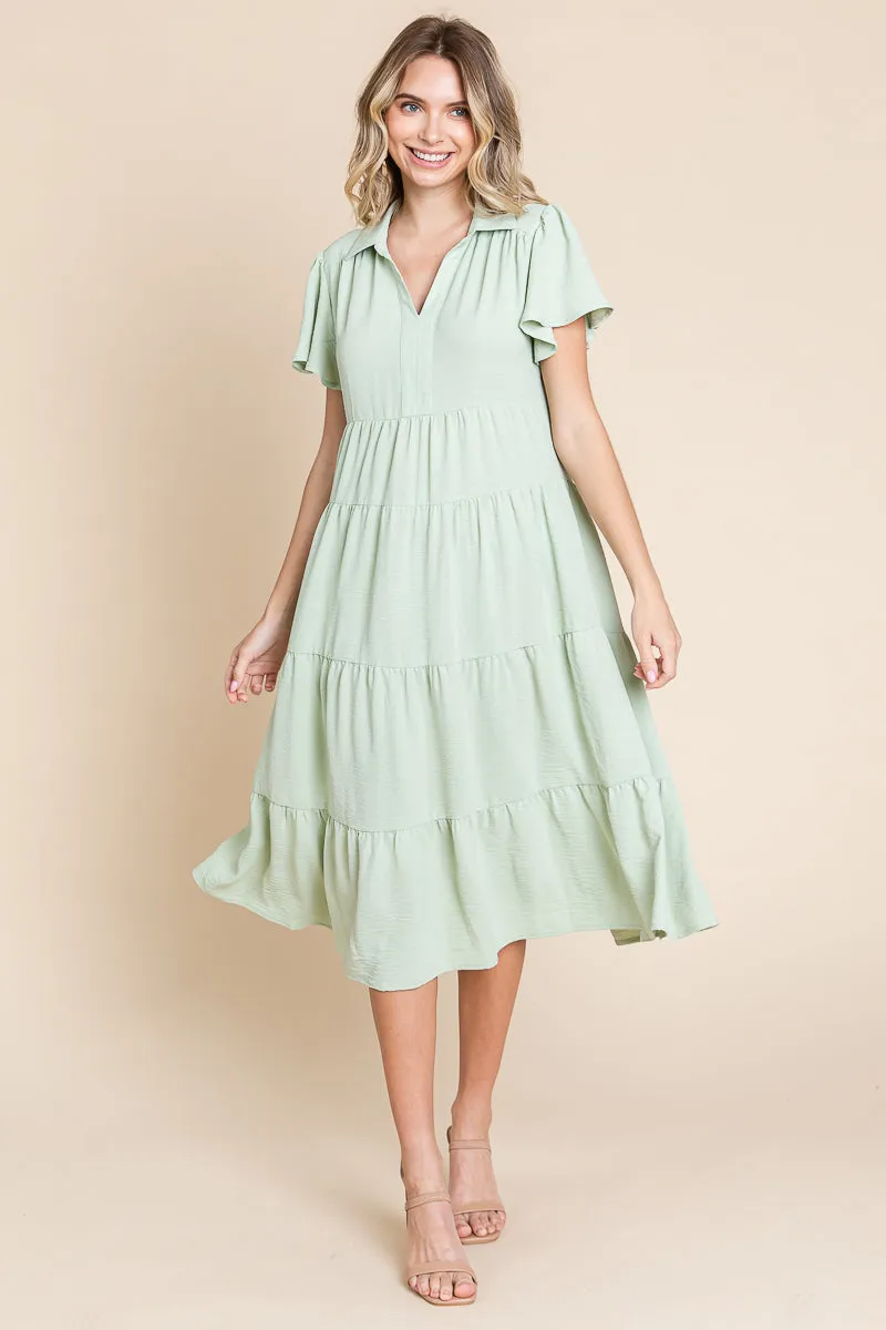 Collared V Neck Tiered Babydoll Midi Dress