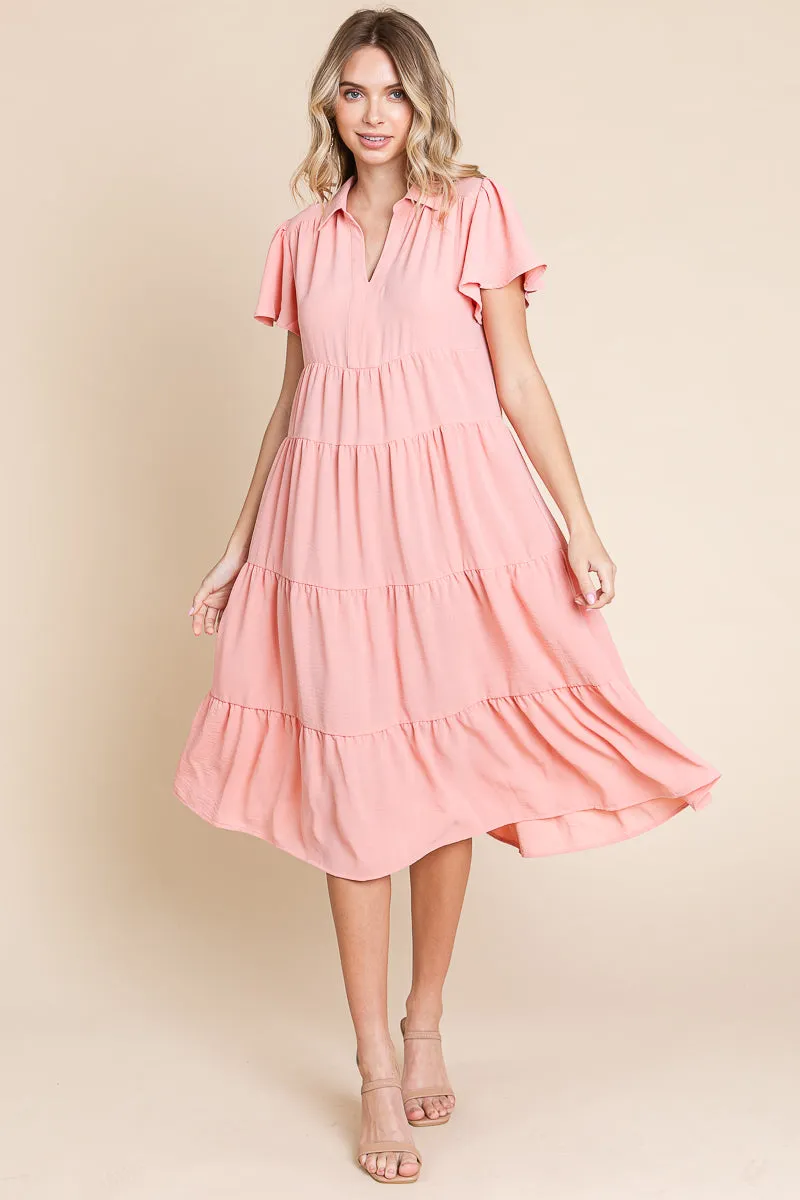 Collared V Neck Tiered Babydoll Midi Dress