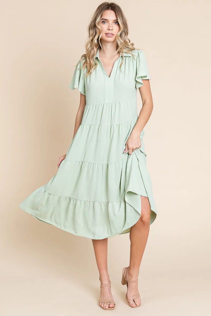 Collared V Neck Tiered Babydoll Midi Dress