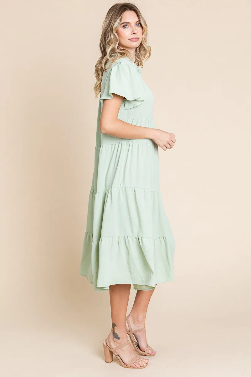 Collared V Neck Tiered Babydoll Midi Dress