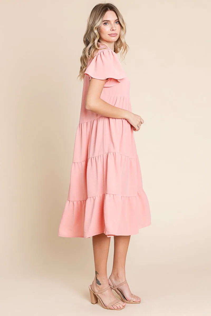 Collared V Neck Tiered Babydoll Midi Dress