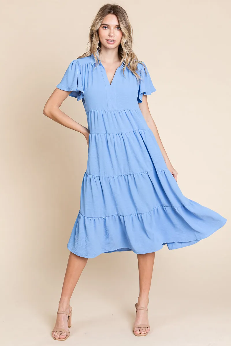 Collared V Neck Tiered Babydoll Midi Dress