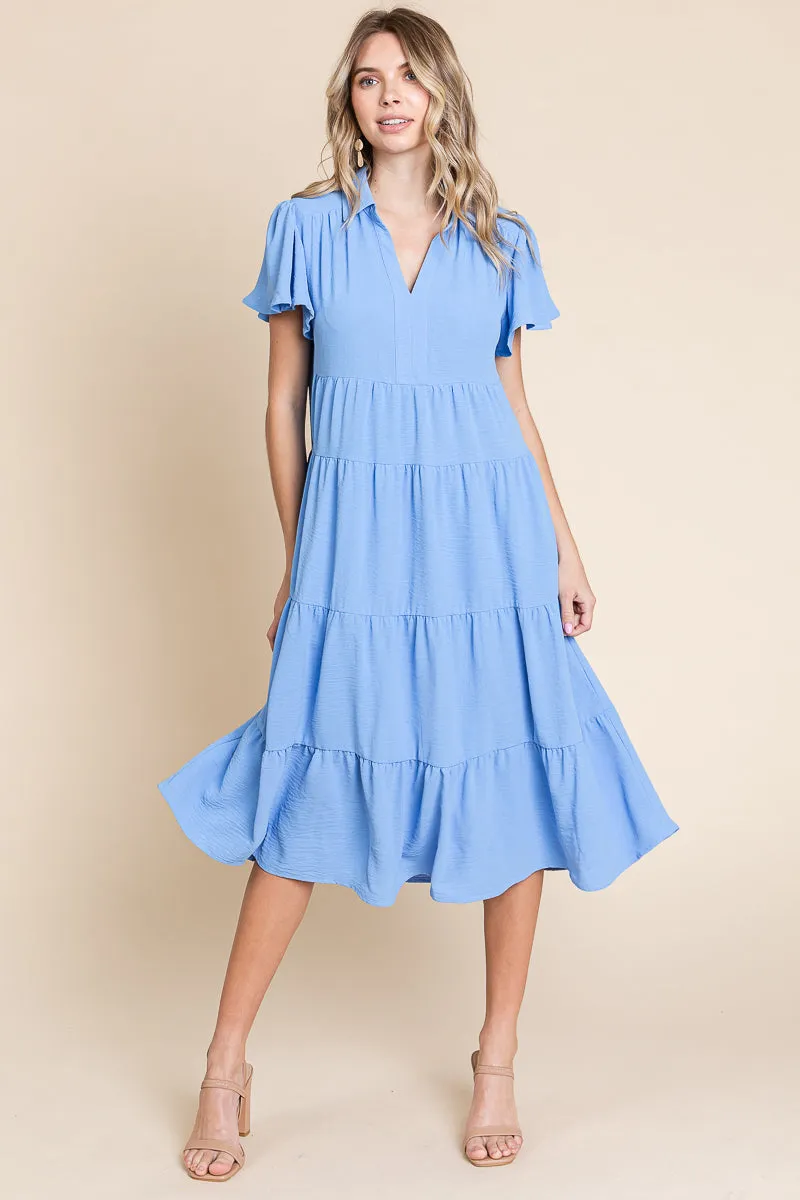 Collared V Neck Tiered Babydoll Midi Dress