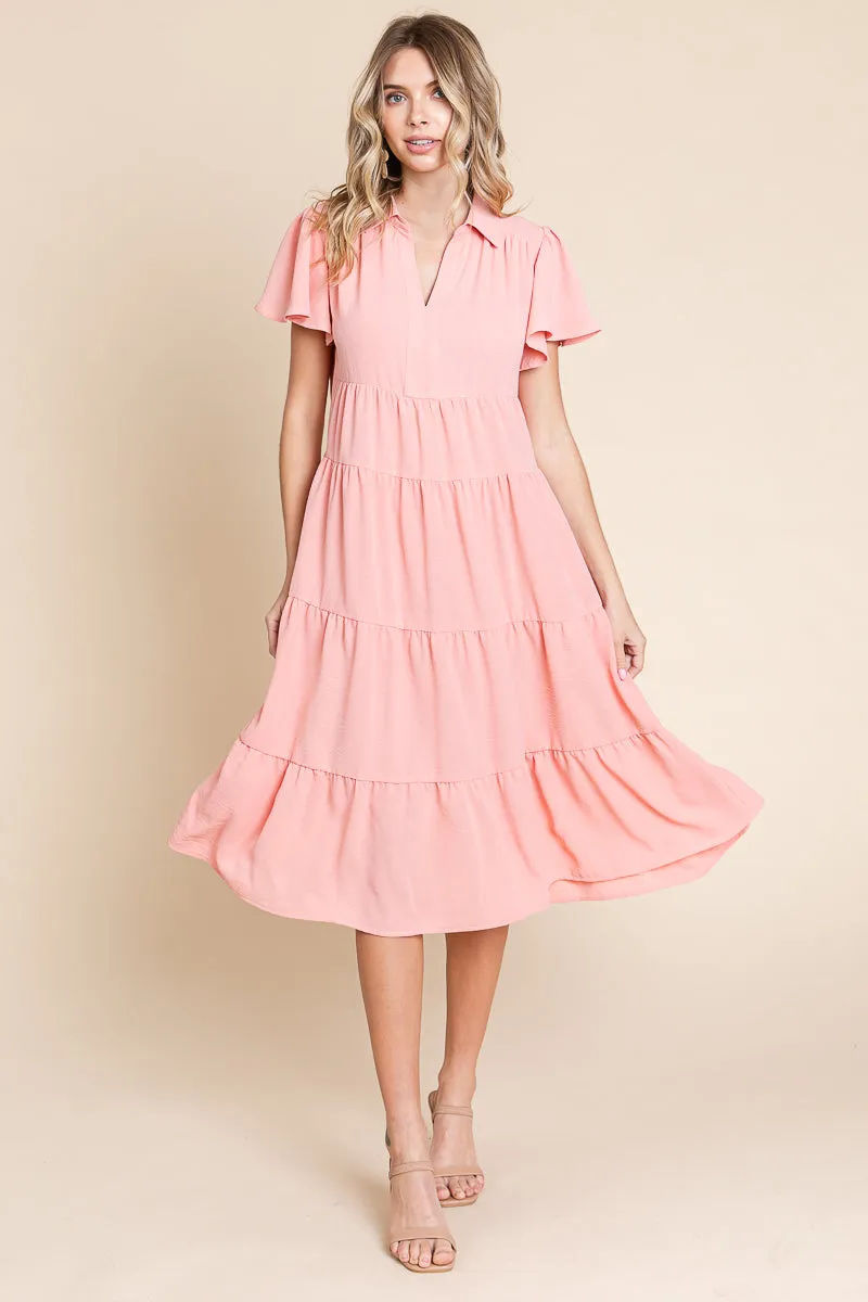 Collared V Neck Tiered Babydoll Midi Dress