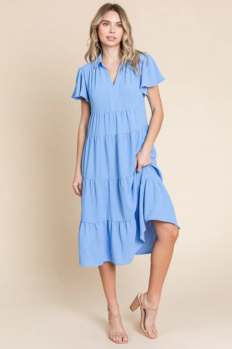 Collared V Neck Tiered Babydoll Midi Dress