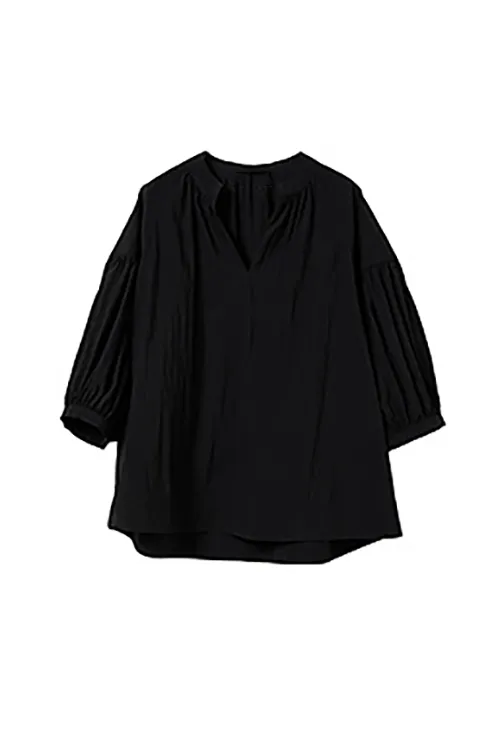 Collarless V Neck T Shirt with Pleated Sleeves