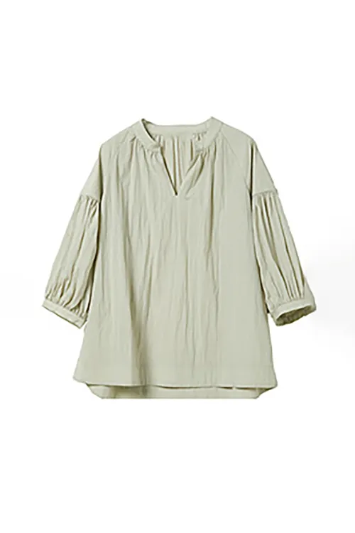 Collarless V Neck T Shirt with Pleated Sleeves