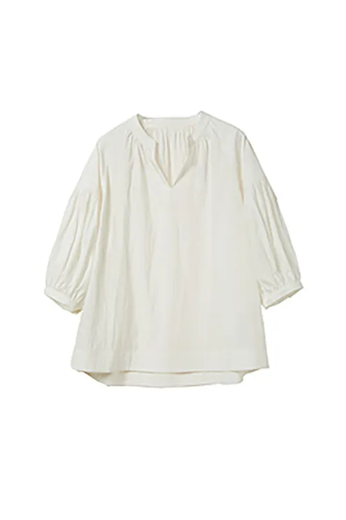 Collarless V Neck T Shirt with Pleated Sleeves