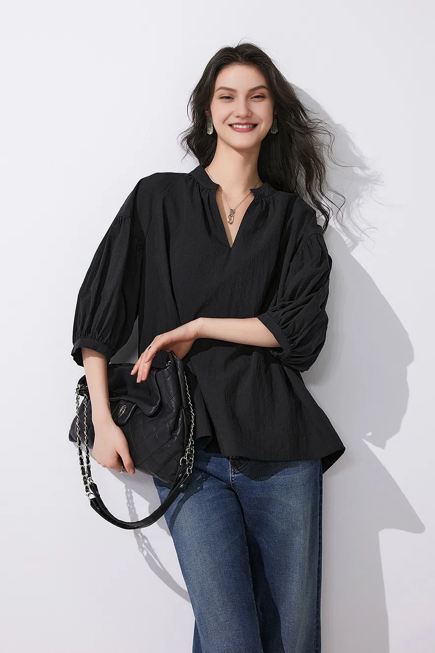 Collarless V Neck T Shirt with Pleated Sleeves