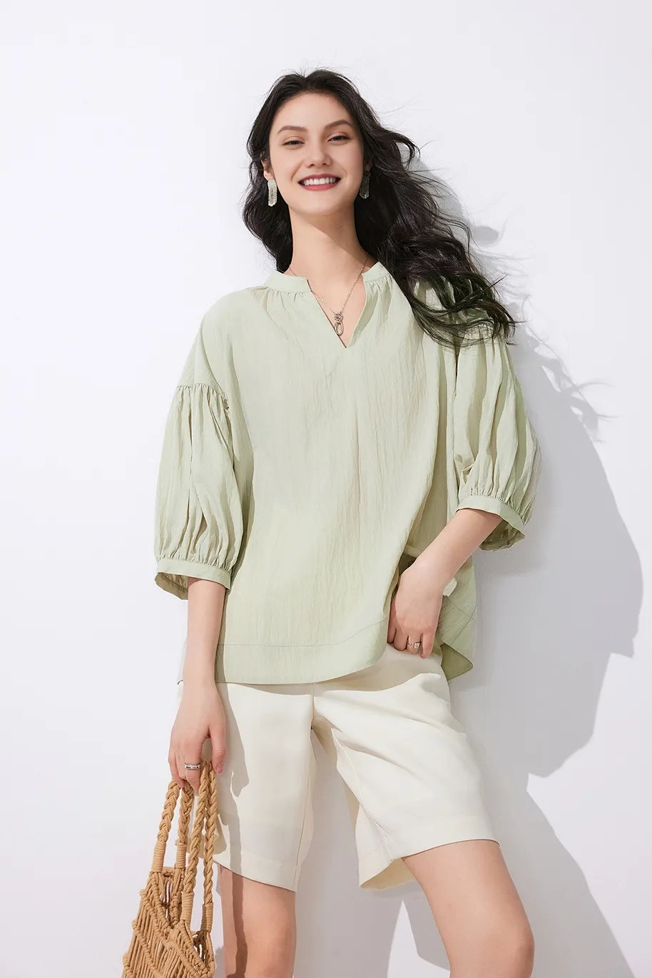 Collarless V Neck T Shirt with Pleated Sleeves