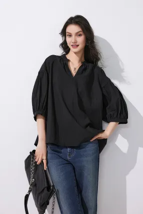 Collarless V Neck T Shirt with Pleated Sleeves