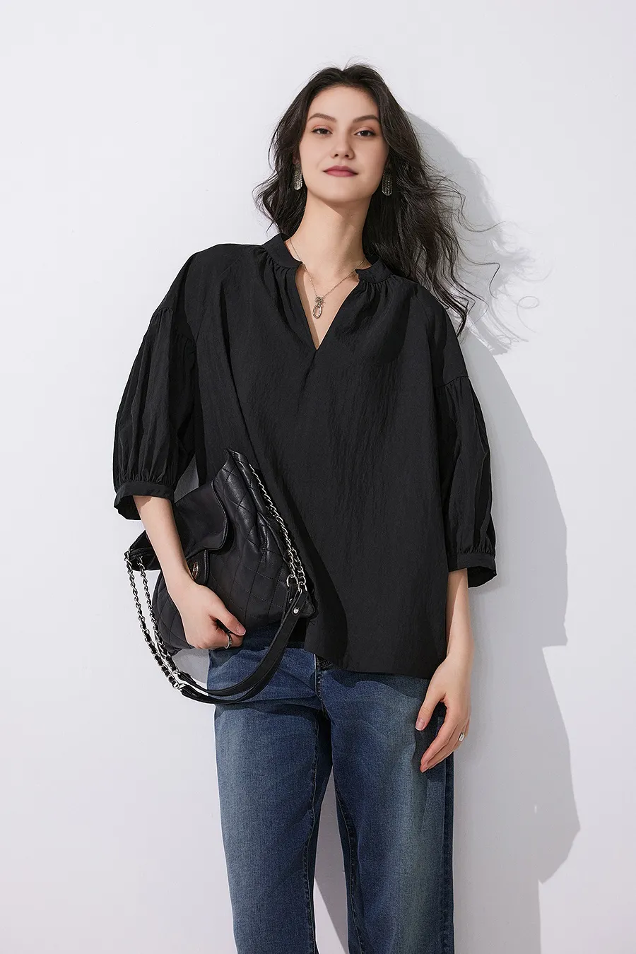 Collarless V Neck T Shirt with Pleated Sleeves