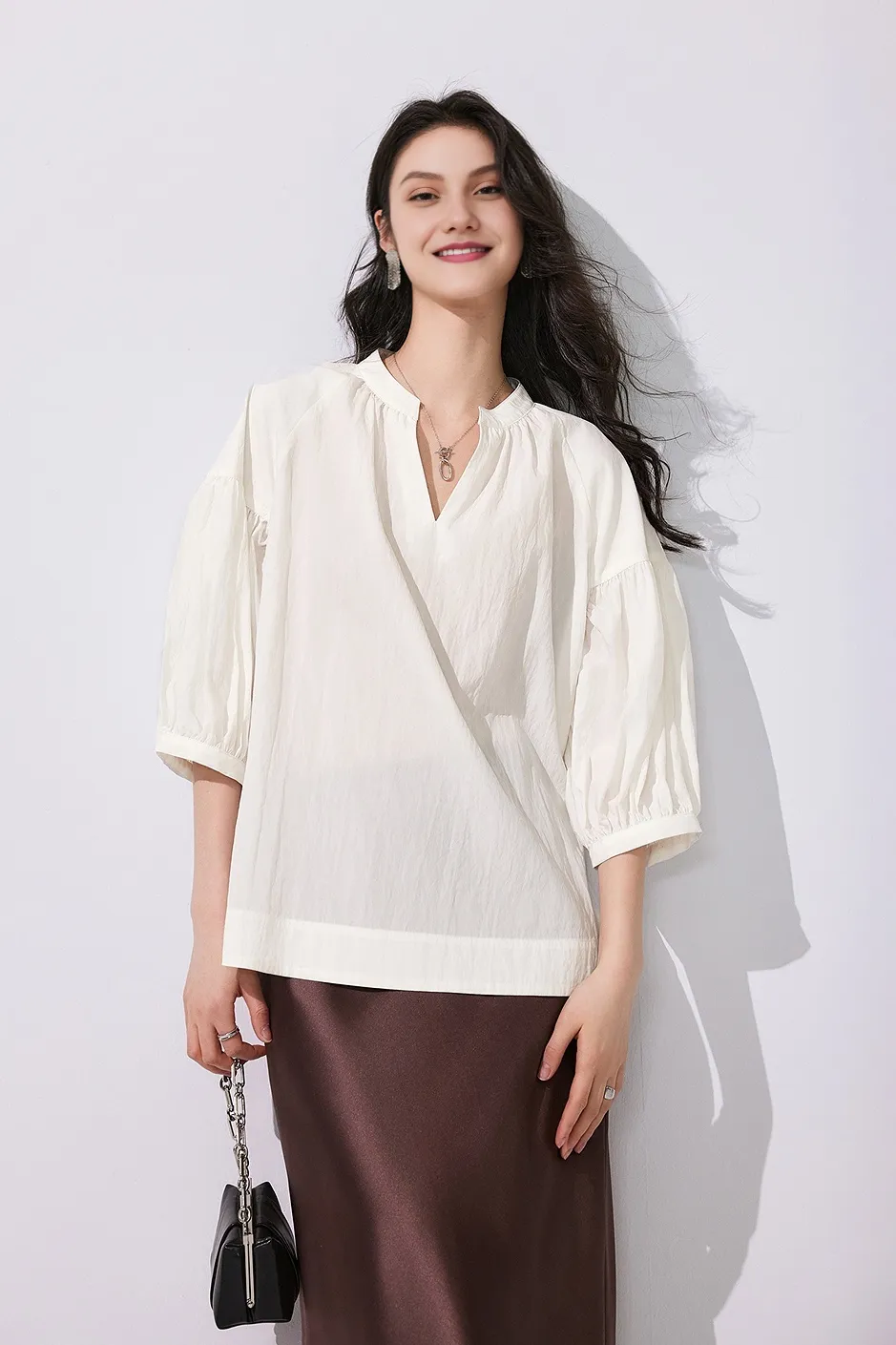 Collarless V Neck T Shirt with Pleated Sleeves