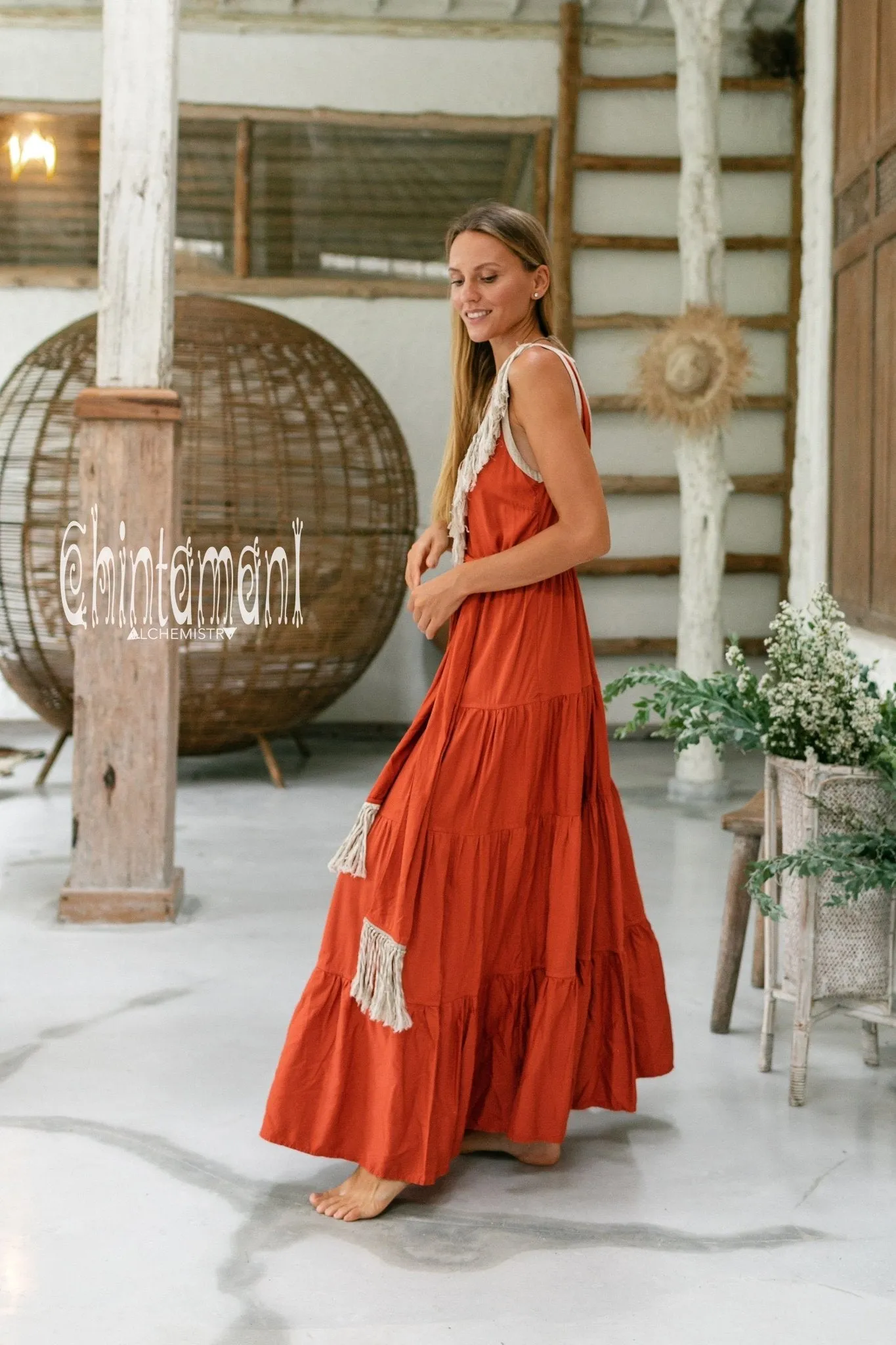 Cotton Maxi Tiered Dress with Fringes / Red Ochre