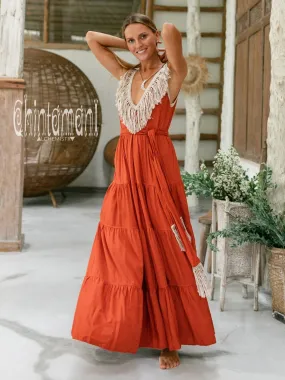 Cotton Maxi Tiered Dress with Fringes / Red Ochre