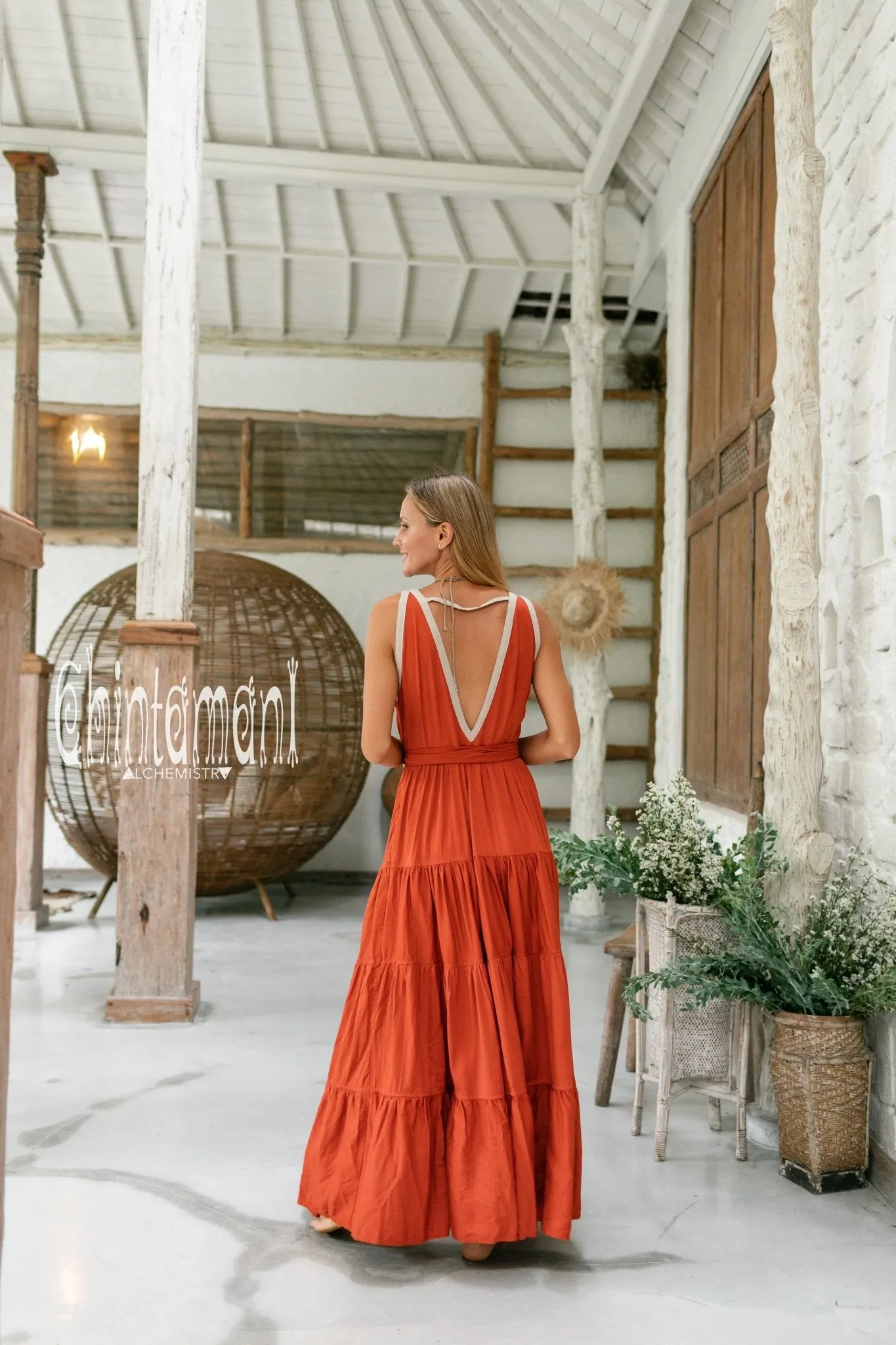 Cotton Maxi Tiered Dress with Fringes / Red Ochre