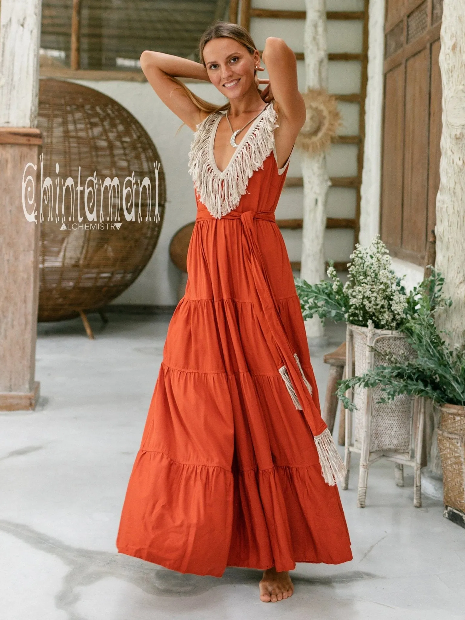 Cotton Maxi Tiered Dress with Fringes / Red Ochre