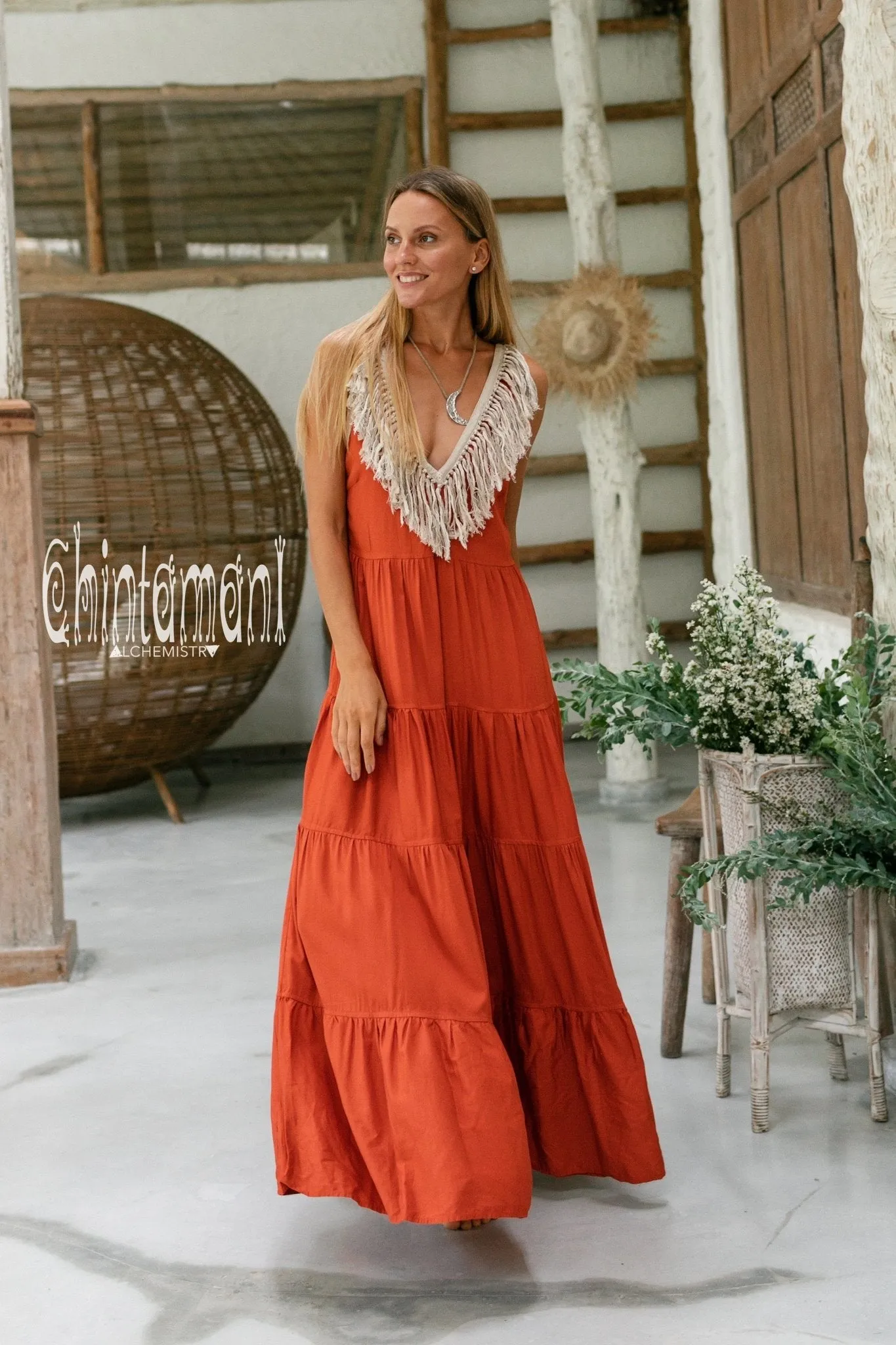 Cotton Maxi Tiered Dress with Fringes / Red Ochre