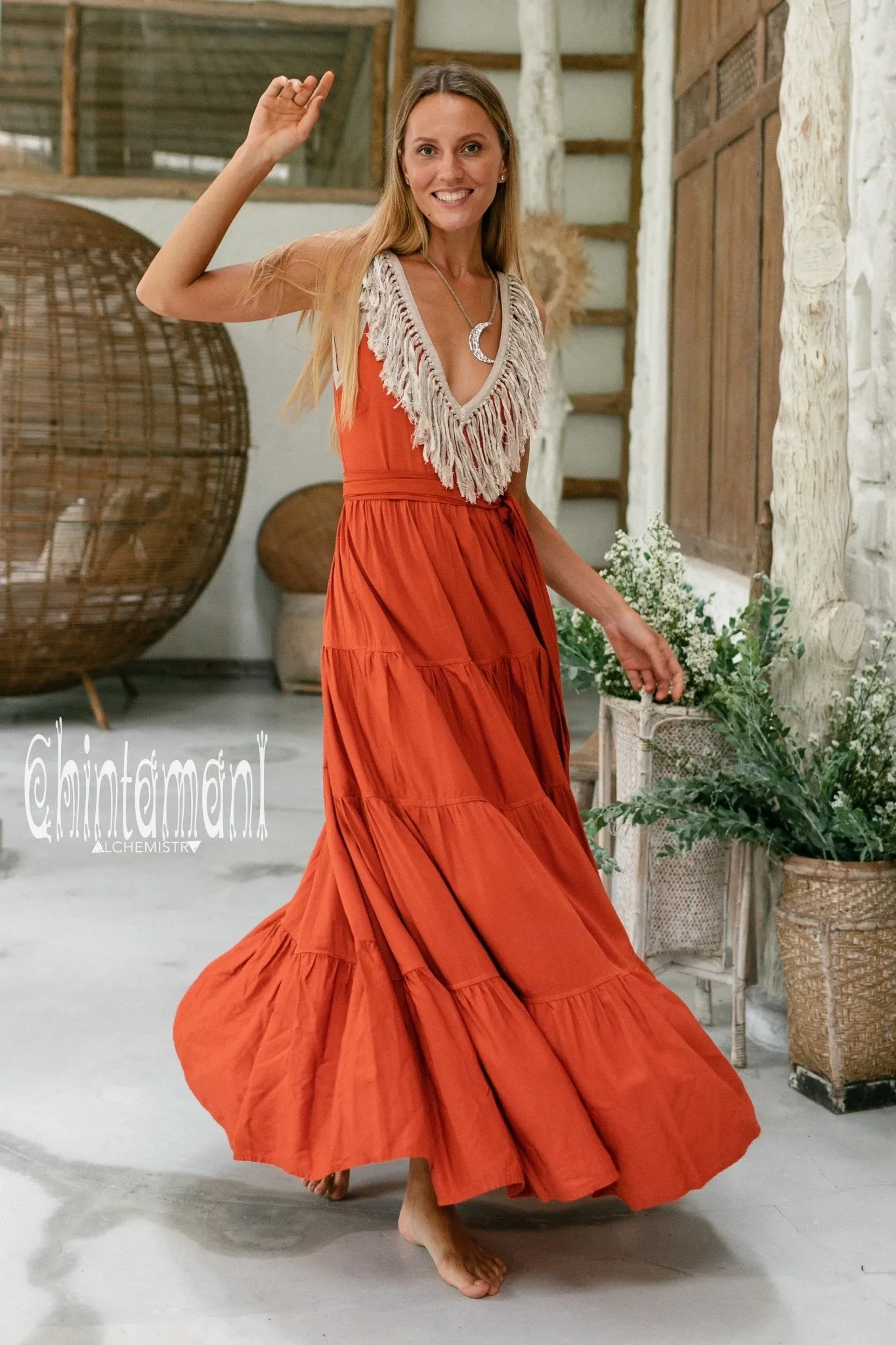 Cotton Maxi Tiered Dress with Fringes / Red Ochre