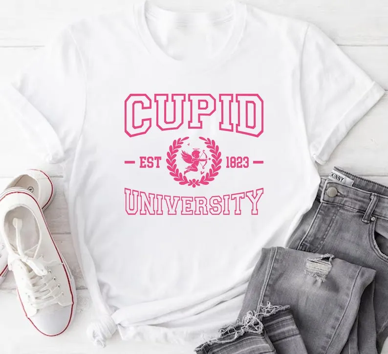 Cupid University Short Sleeve T-Shirt, Cute Valentine's Day Graphic Shirt